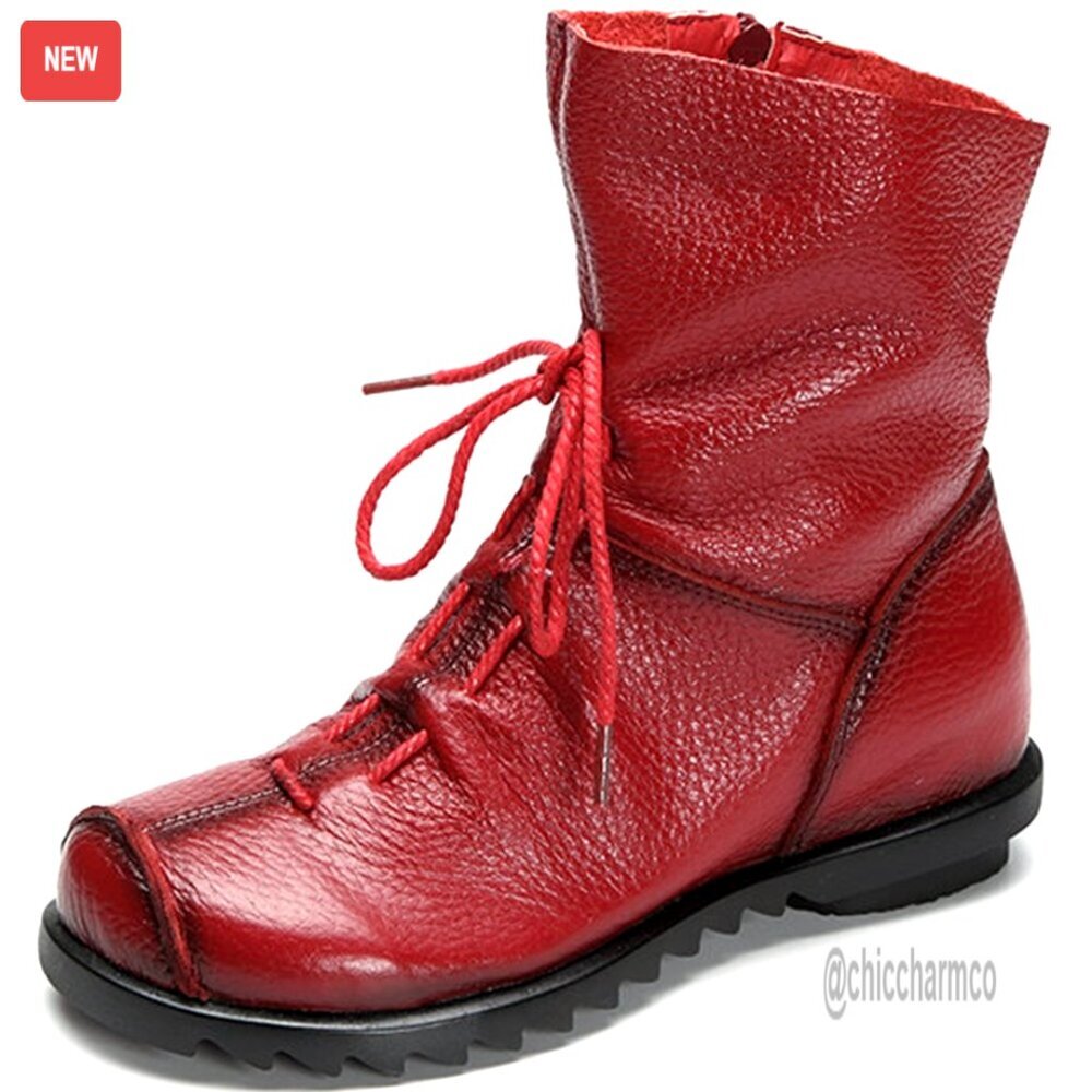 Women's Genuine Leather Ankle Boots with Zipper Casual Soft Flats